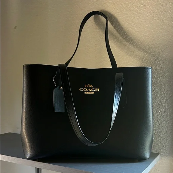 Coach Black Leather Tote with Gold Logo Plaque F48733 Avenue - Picture 1 of 12